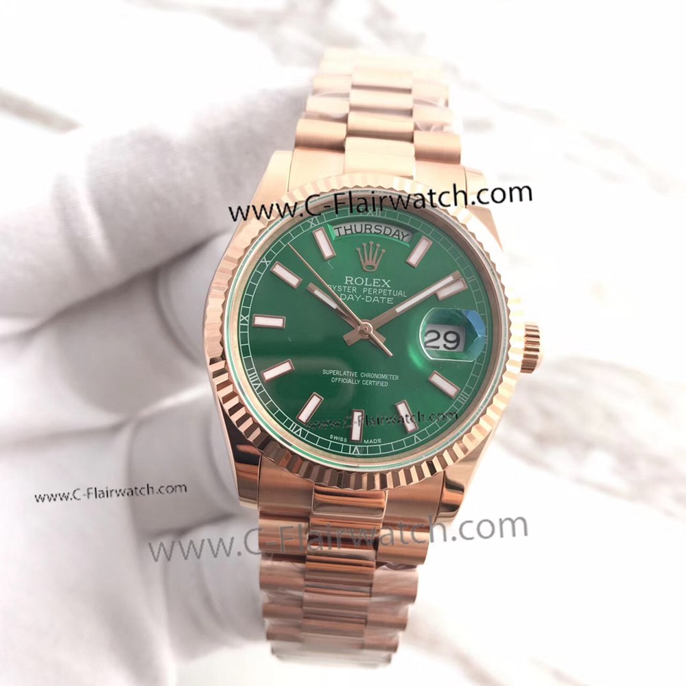 Fake Presidential Rolex Day Date 36mm Watch Green Dial Rose Gold